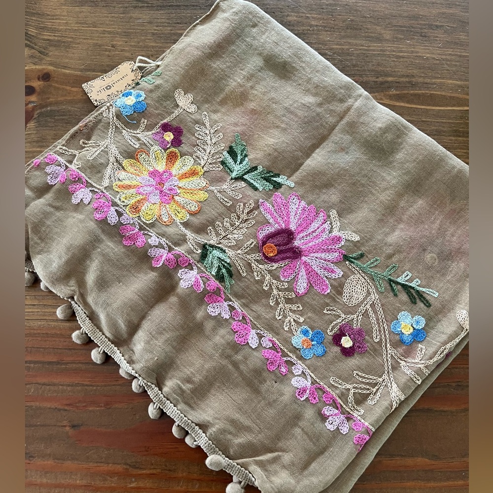 NWT NEW Natural Life Beige Floral Embroidered Scarf Wrap Pom Poms Boho Fall